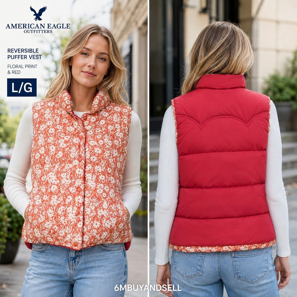 American Eagle Reversible Puffer Vest Red Floral Print Snap Front Womens Large